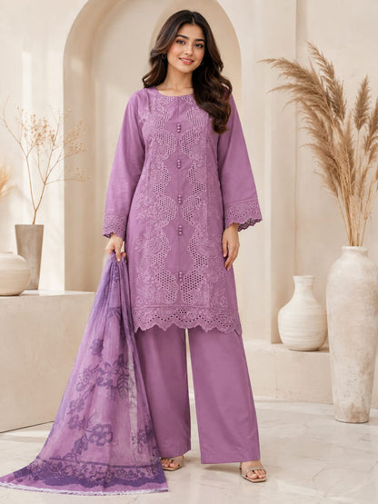 purple Embroidered Lawn 3 Piece Suit with Chiffon Dupatta