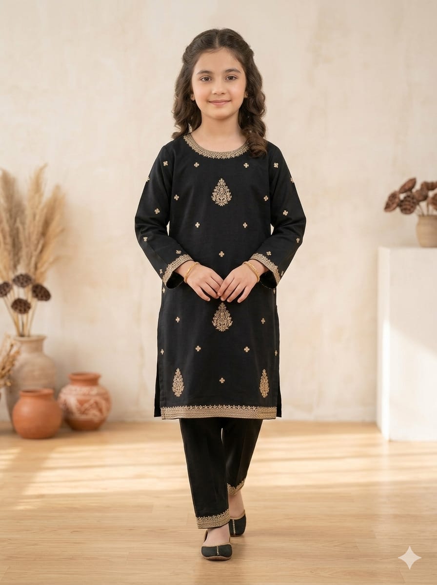 Girls Black Embroidered and handmade work 2 Piece Suit | Kids Party & Eid Wear Dress