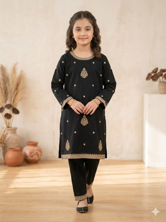 Girls Black Embroidered and handmade work 2 Piece Suit | Kids Party & Eid Wear Dress