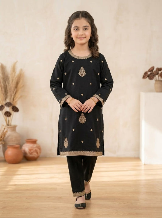 Girls Black Embroidered and handmade work 2 Piece Stiched dress | Kids Party & Eid Wear Dress