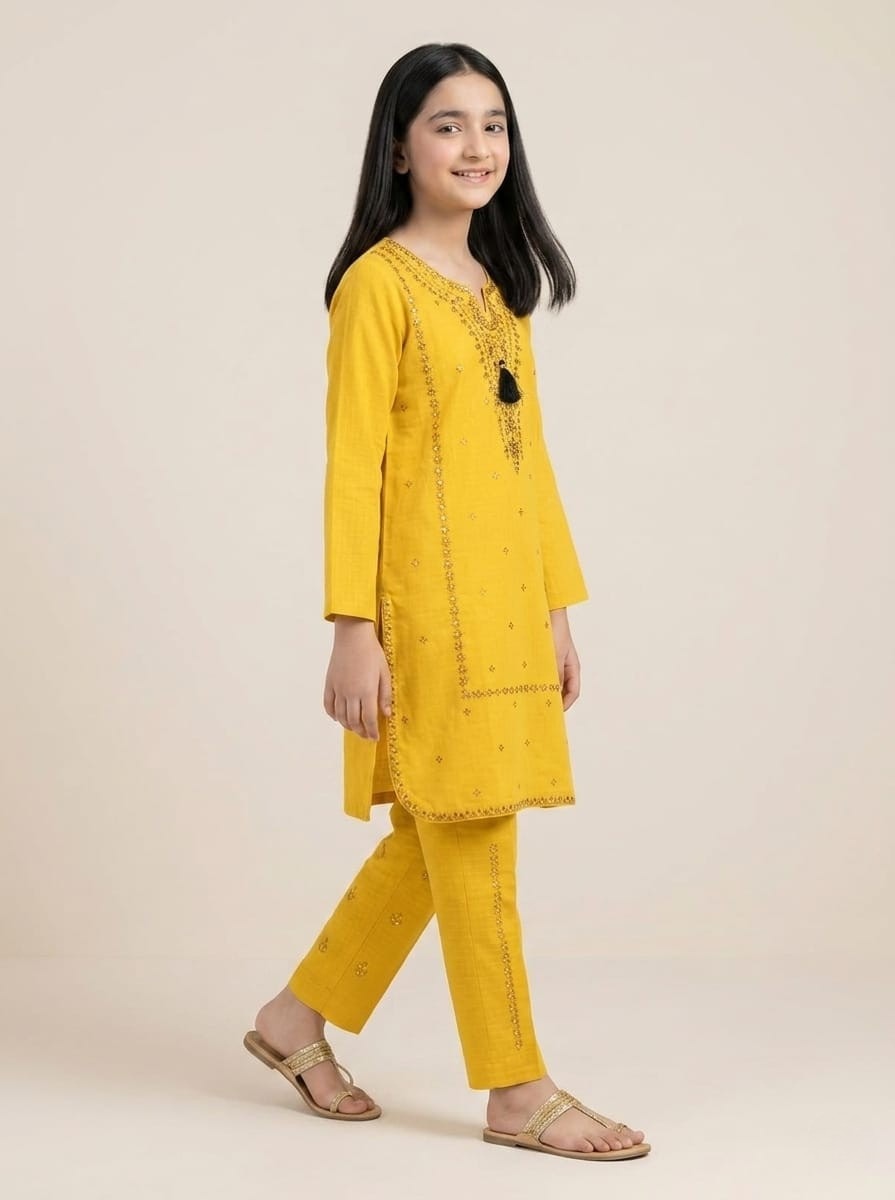 Yellow Embroidered girls 2 Piece Stiched  Dress– Cotton Girls Outfit | Stylish Girls Eastern Wear