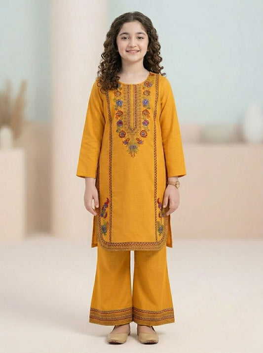 Mustard Embroidered 2 Piece Stiched Dress with Flared Trouser – Cotton Girls Outfit