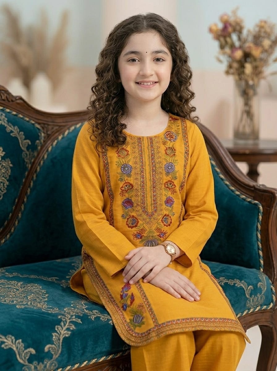 Mustard Embroidered 2 Piece Stiched Dress with Flared Trouser – Cotton Girls Outfit