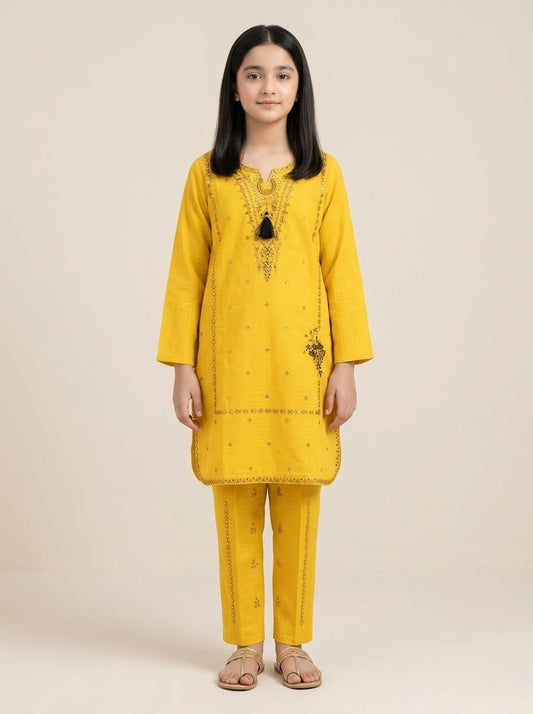 Yellow Embroidered girls 2 Piece Stiched  Dress– Cotton Girls Outfit | Stylish Girls Eastern Wear