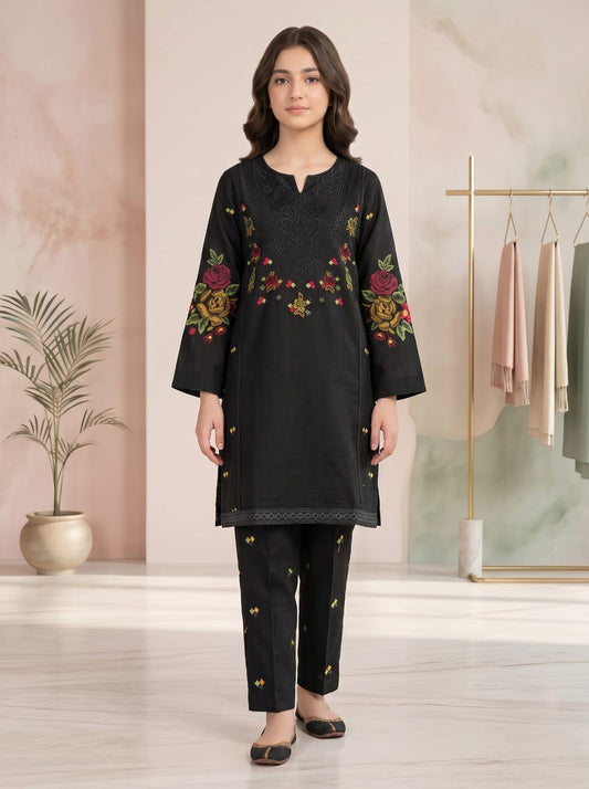 Girls Black Embroidered Kurta Set – Elegant Kids Ethnic Wear 2 Piece Stiched Outfit