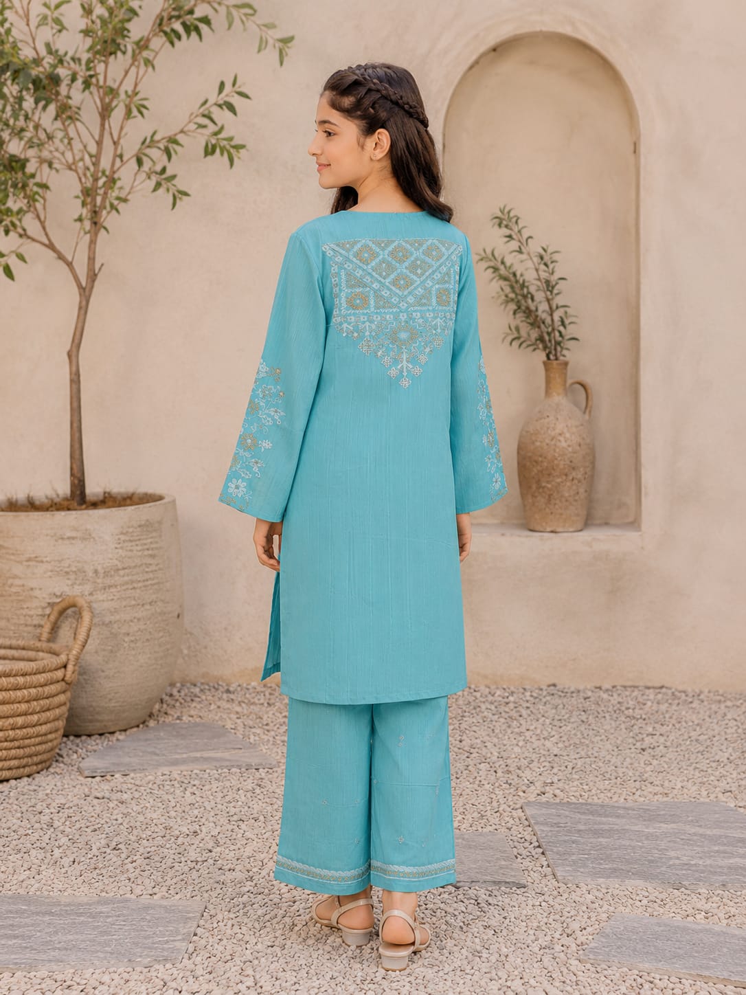 Sky Blue Embroidered Kids Stiched Dress  – Girls Eastern Wear
