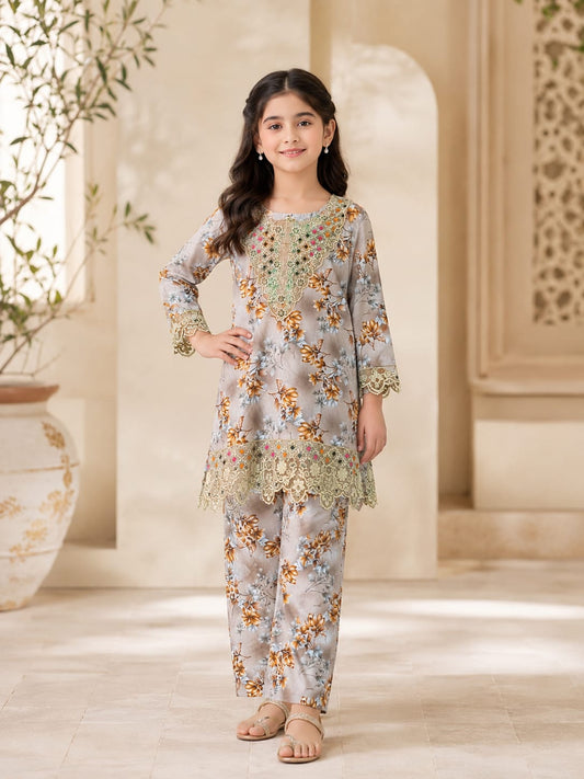 Floral Embroidered Girls 2 Piece Stiched Suit – Elegant Kids Eastern Wear
