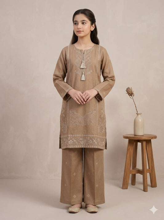 Girls Beige Embroidered Cotton 2-Piece Stiched Suit