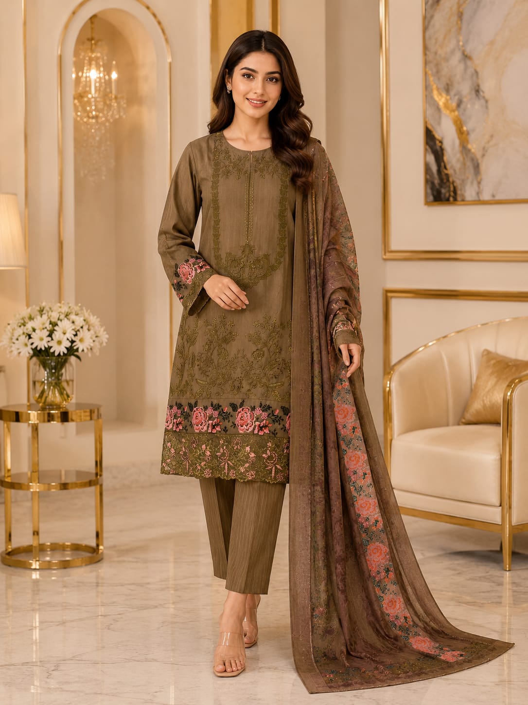 Brown Embroidered Festive 3PC Suit 🤎