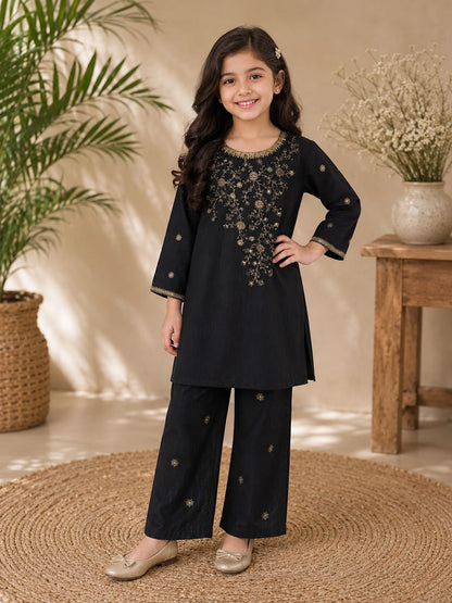 Black Gold Embroidered Girls 2-Pc dress