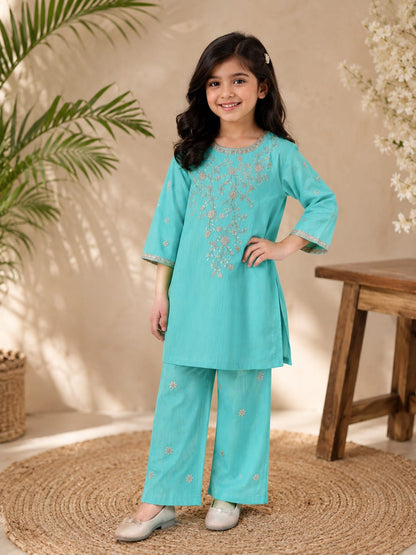 turquoise emb kids 2pc dress