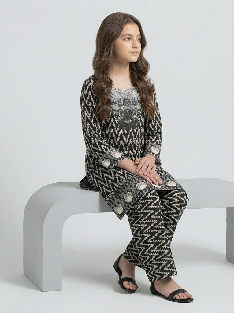Black Embroidered Kids 2-Piece Suit – Girls Stylish Festive Dress