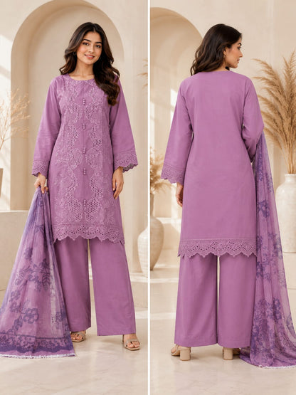 purple Embroidered Lawn 3 Piece Suit with Chiffon Dupatta