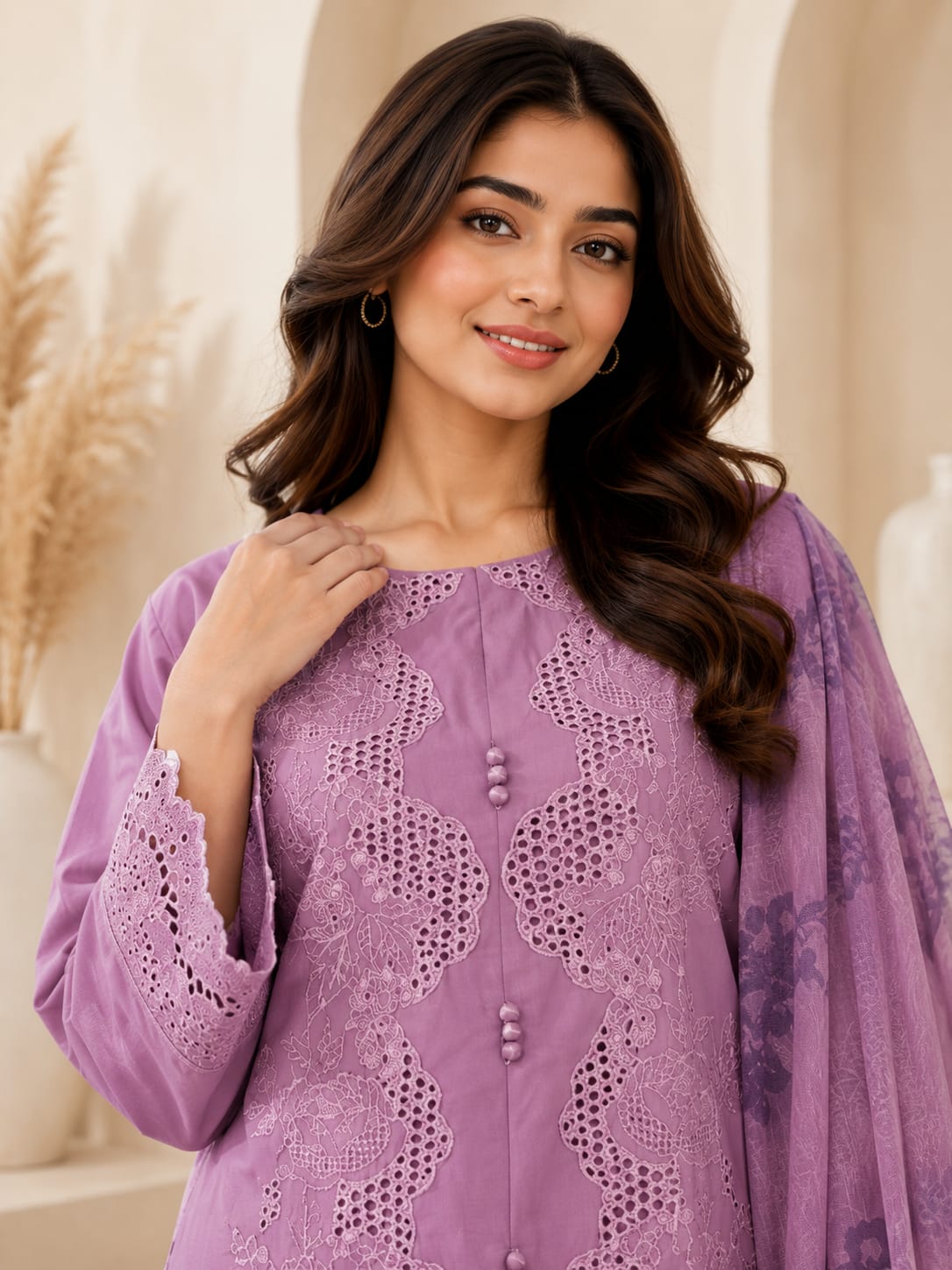 purple Embroidered Lawn 3 Piece Suit with Chiffon Dupatta