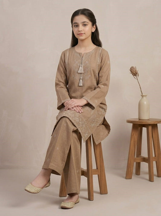 Girls Beige Embroidered Cotton 2-Piece Stiched Suit