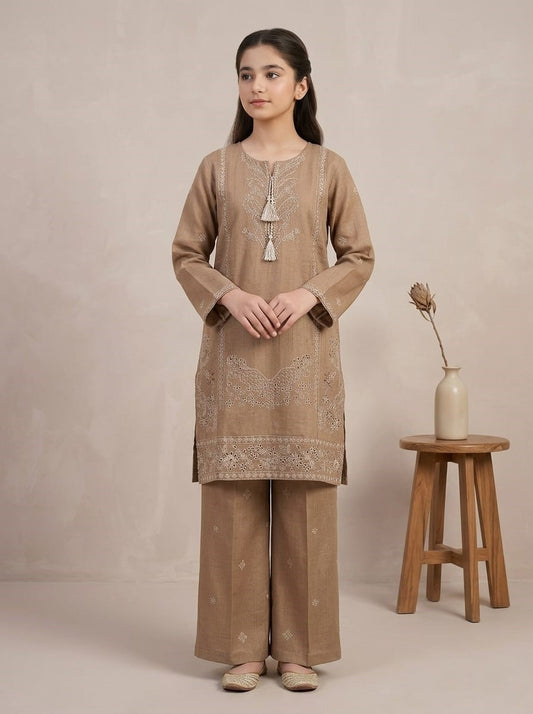 Girls Beige Embroidered Cotton 2-Piece Stiched Suit