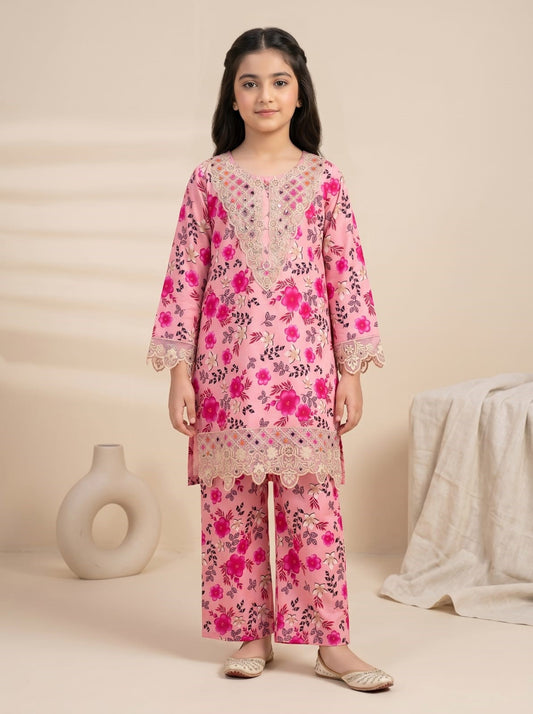 Girls Pink Floral Lawn Suit with Lace Embroidery – Stylish Kids 2 Piece Stiched Dress