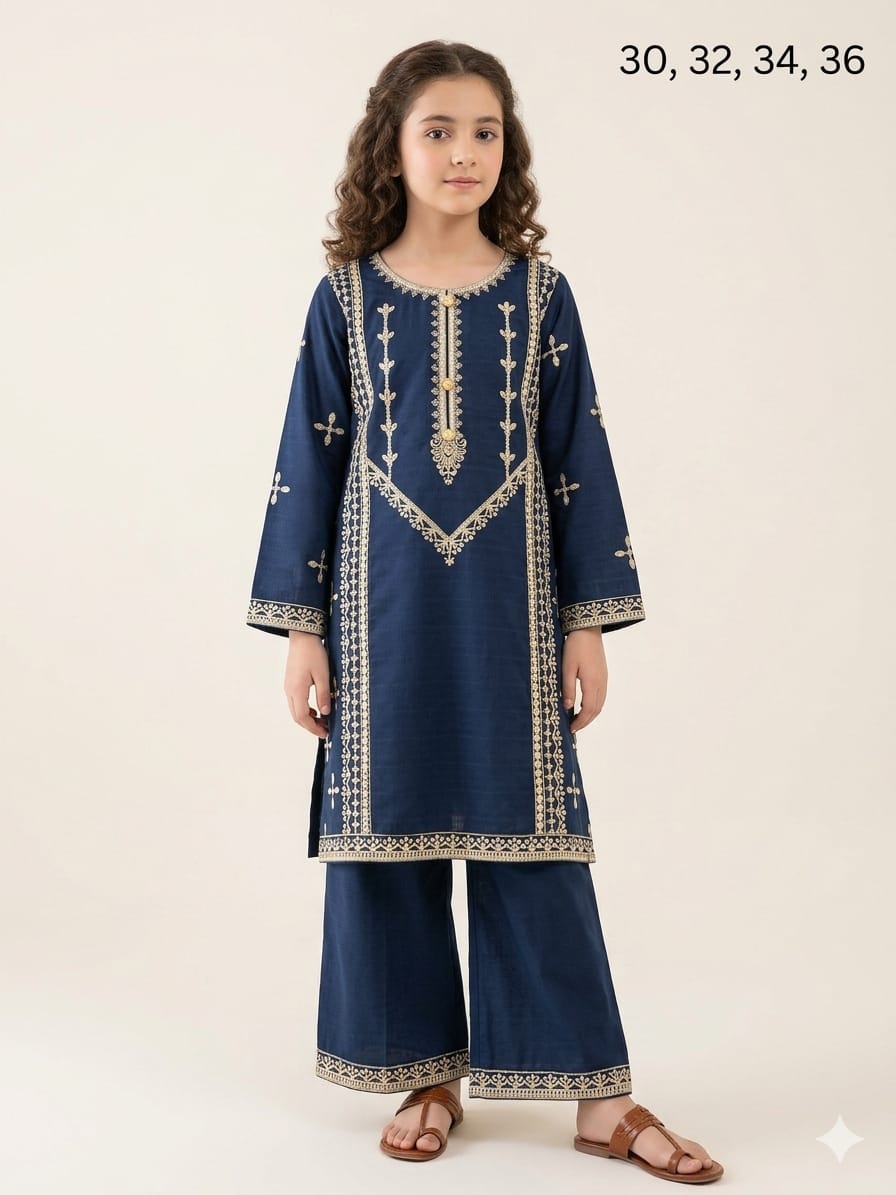 Girls Navy Blue Embroidered 2-Piece Dress | Premium Cotton Kids Outfit