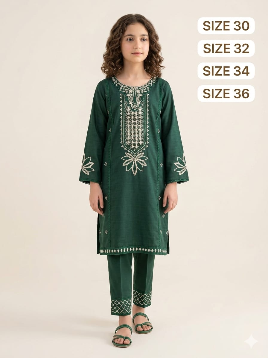Girls Green Embroidered 2-Piece Dress | Premium Kids Outfit