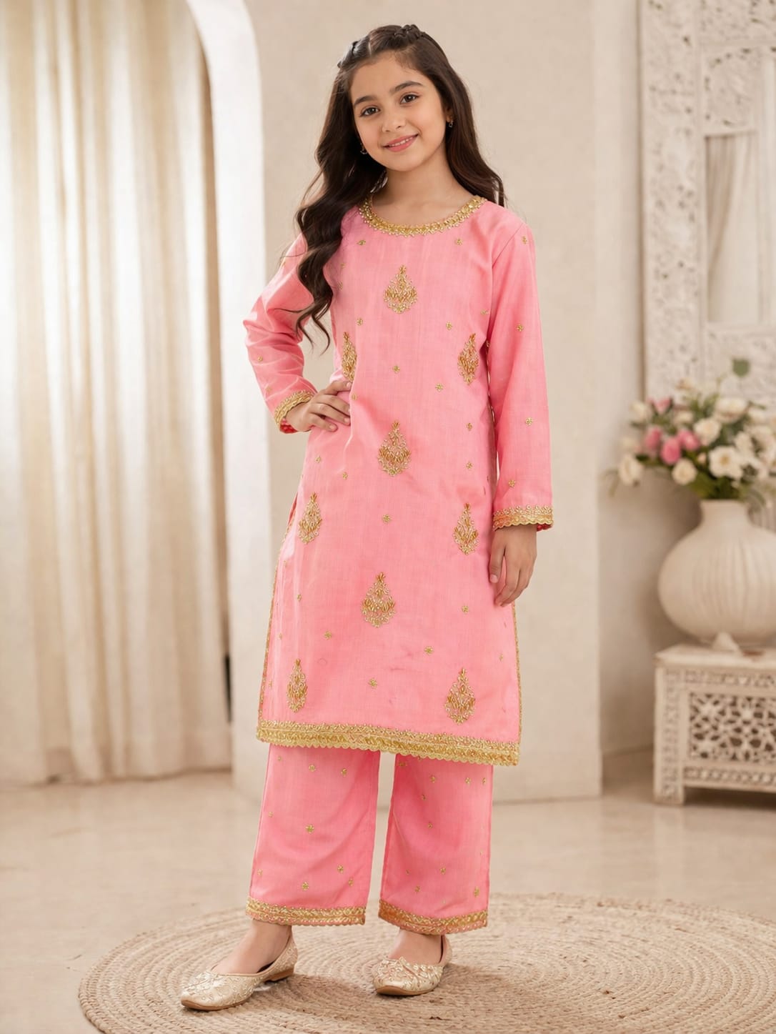 Girls Black Embroidered and handmade work 2 Piece Suit | Kids Party & Eid Wear Dress