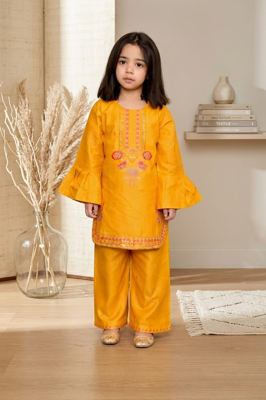 Girls Mustard Embroidered 2 Stiched Piece Cotton Dress with Bell Sleeves – Kids Casual & Party Wear